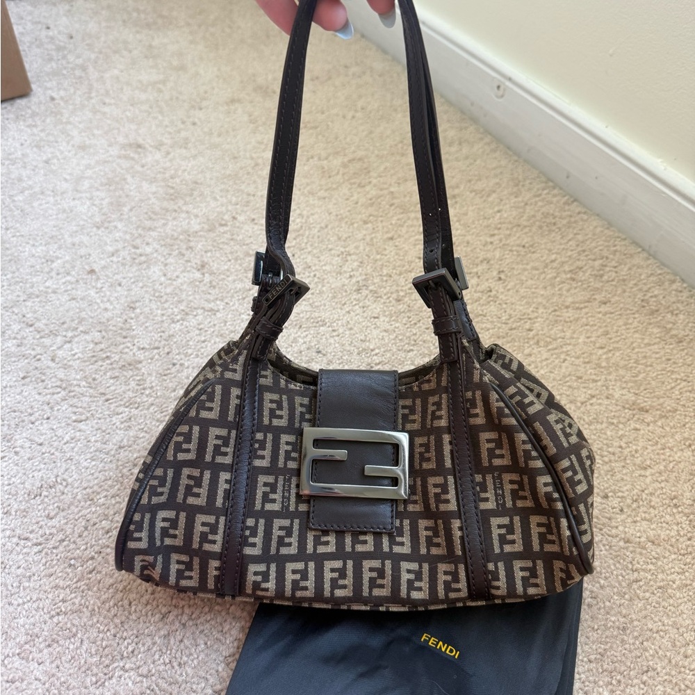 Fendi Brown FF Logo Canvas Shoulder Bag with Silver Buckle